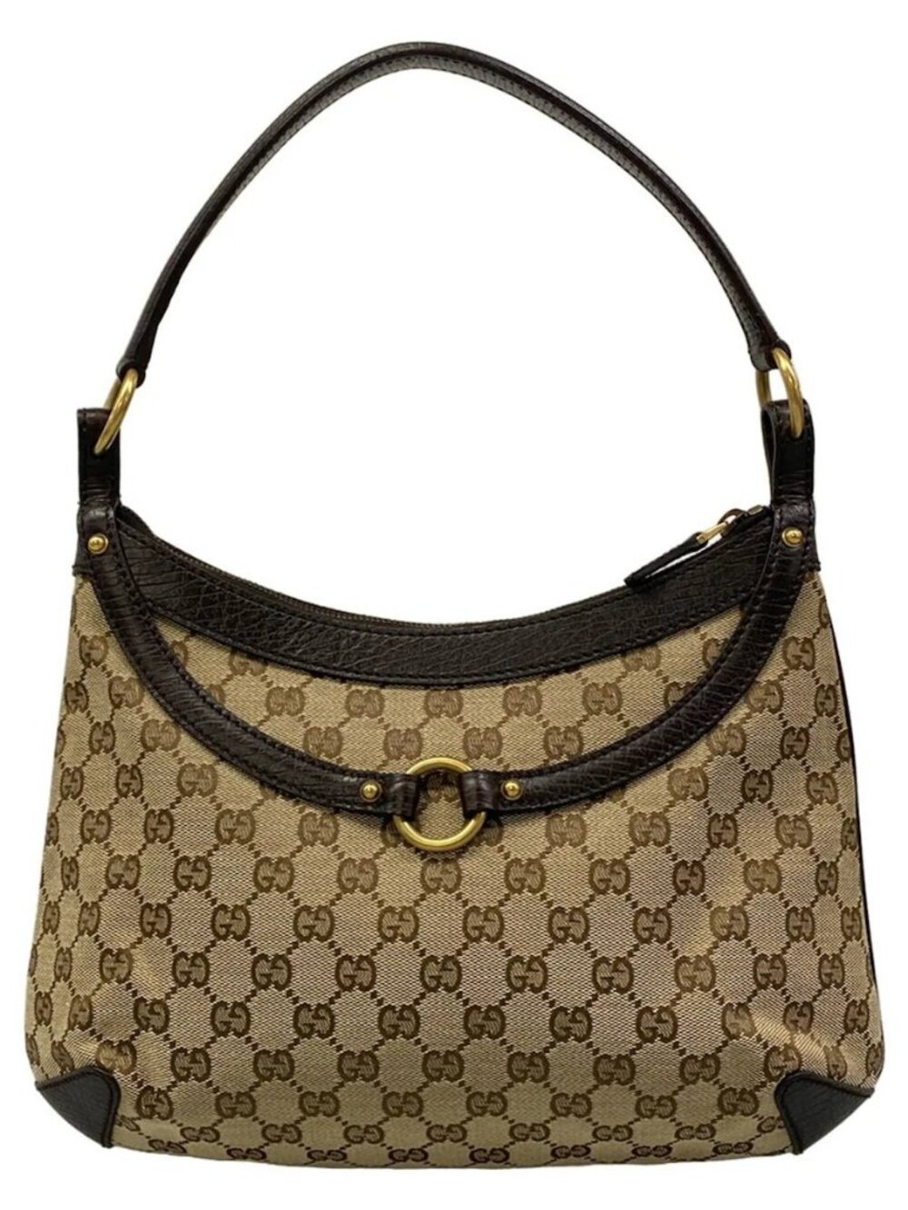 GUCCI Horsebit/GG 114890 Dark Brown Beige Jacquard Leather Handbag - Picture 3 of 15